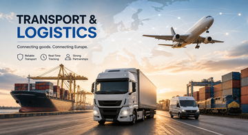 Processo di trasporto e logistica con camion, magazzini e merci in movimento in Europa nella catena di fornitura